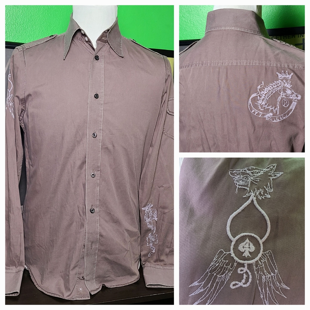 Diesel Men’s L Embroidered Western Rock Long Sleeve Btn Shirt Wolf Snake Graphic